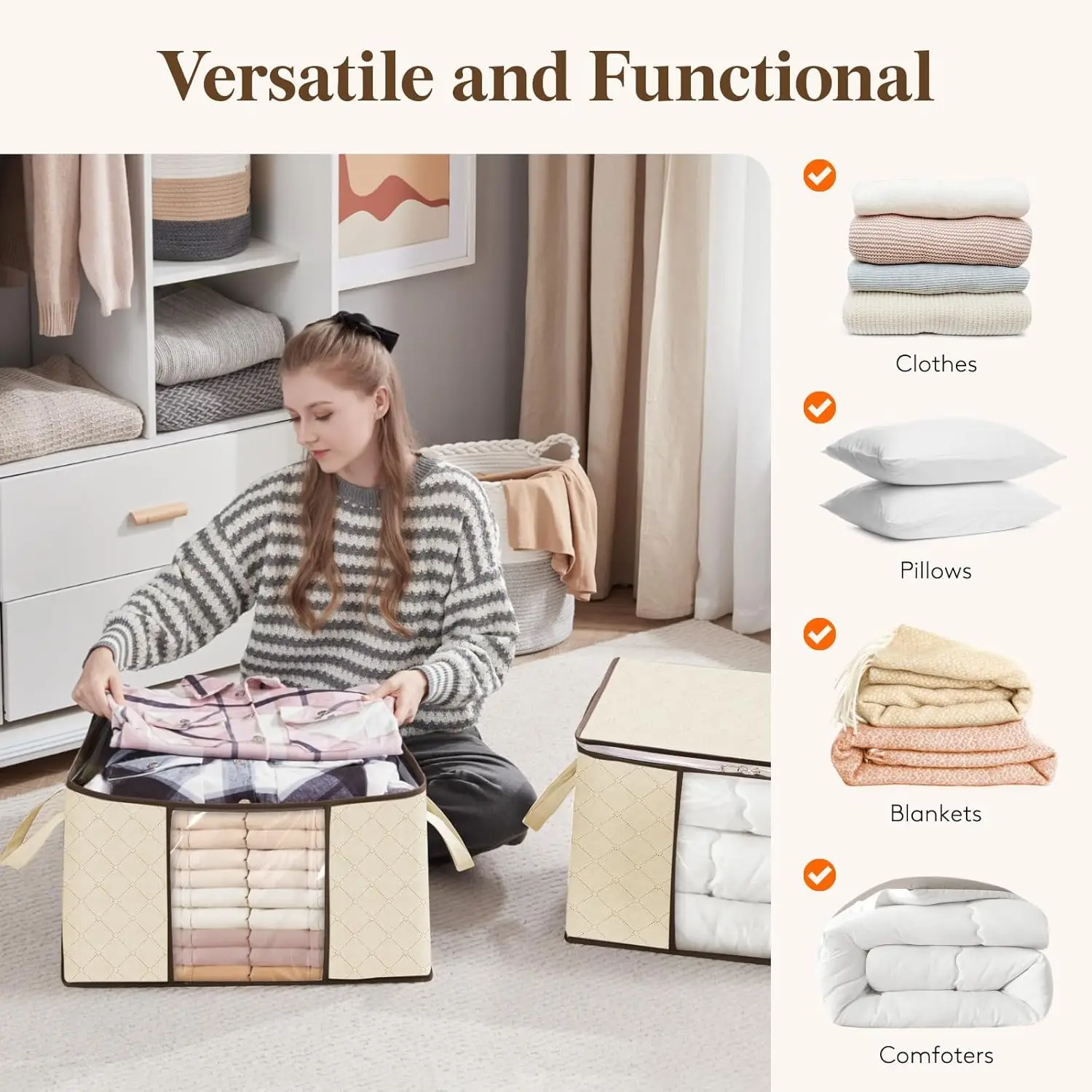 Clothes Storage, Foldable Thick Fabric Blanket Storage Bags, Storage Containers for Organizing Bedroom, Closet, Comforter 6