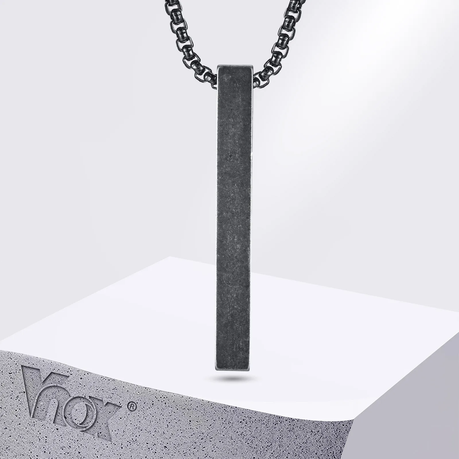 Vnox Retro Vintage Edelstahl langer Stabanhänger mit Boxkette, vertikale Stabhalsketten für Männer und Jungen, einfacher klassischer Kragen