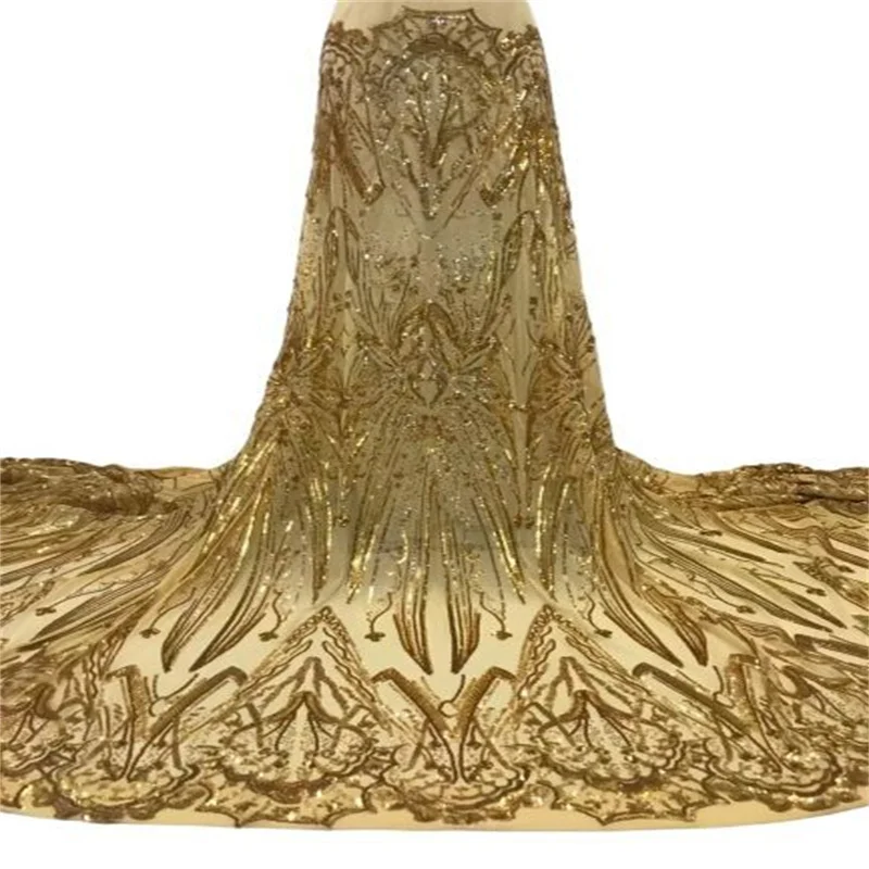 

African Lace Fabric Gold Sequins Embroidery Groom Nigerian Lace Bridal High Quality French Tulle Lace Fabric For Wedding 5 yards