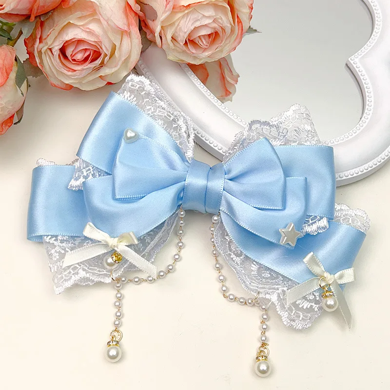 Niedliche, einfarbige Haarspange mit Schleife, Spitze und Perlenkette für Mädchen, süßer Haarschmuck, Prinzessinnen-Stirnband, Haarnadel, modische Haaraccessoires – Detail 9