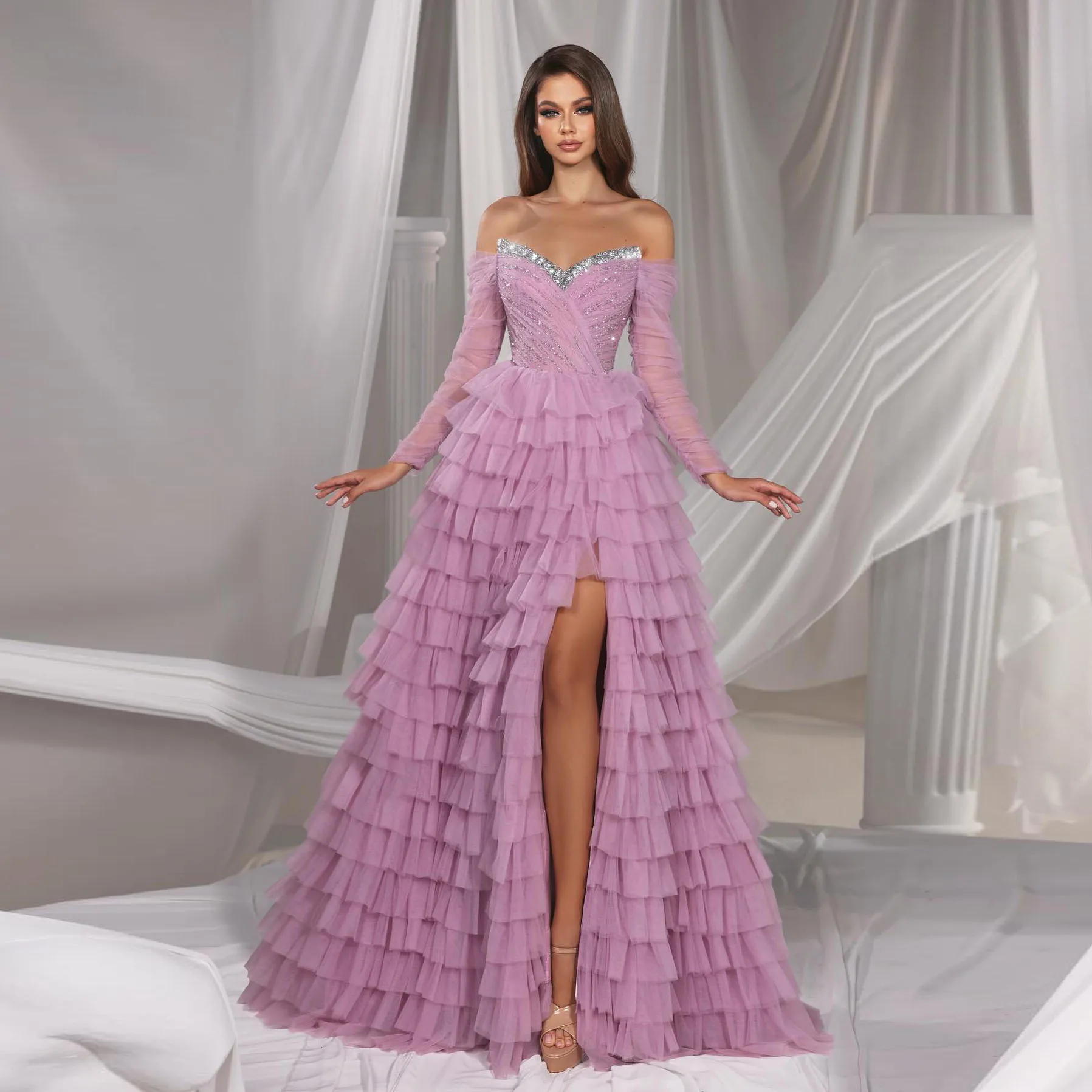 Stunning Jade Strapless Half Sleeve Slit Evening Party Gowns Beadings With Ruffles main image 1