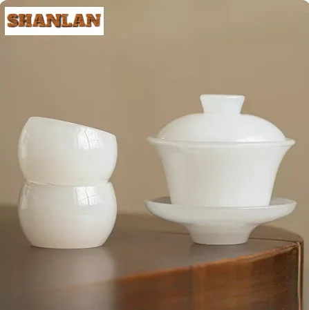 135ml High End White Jade Porcelain Gaiwan Japanese Non Hot Sancai Glass Tea Tureen Tea Maker Cover Bowl Mug Services Craft