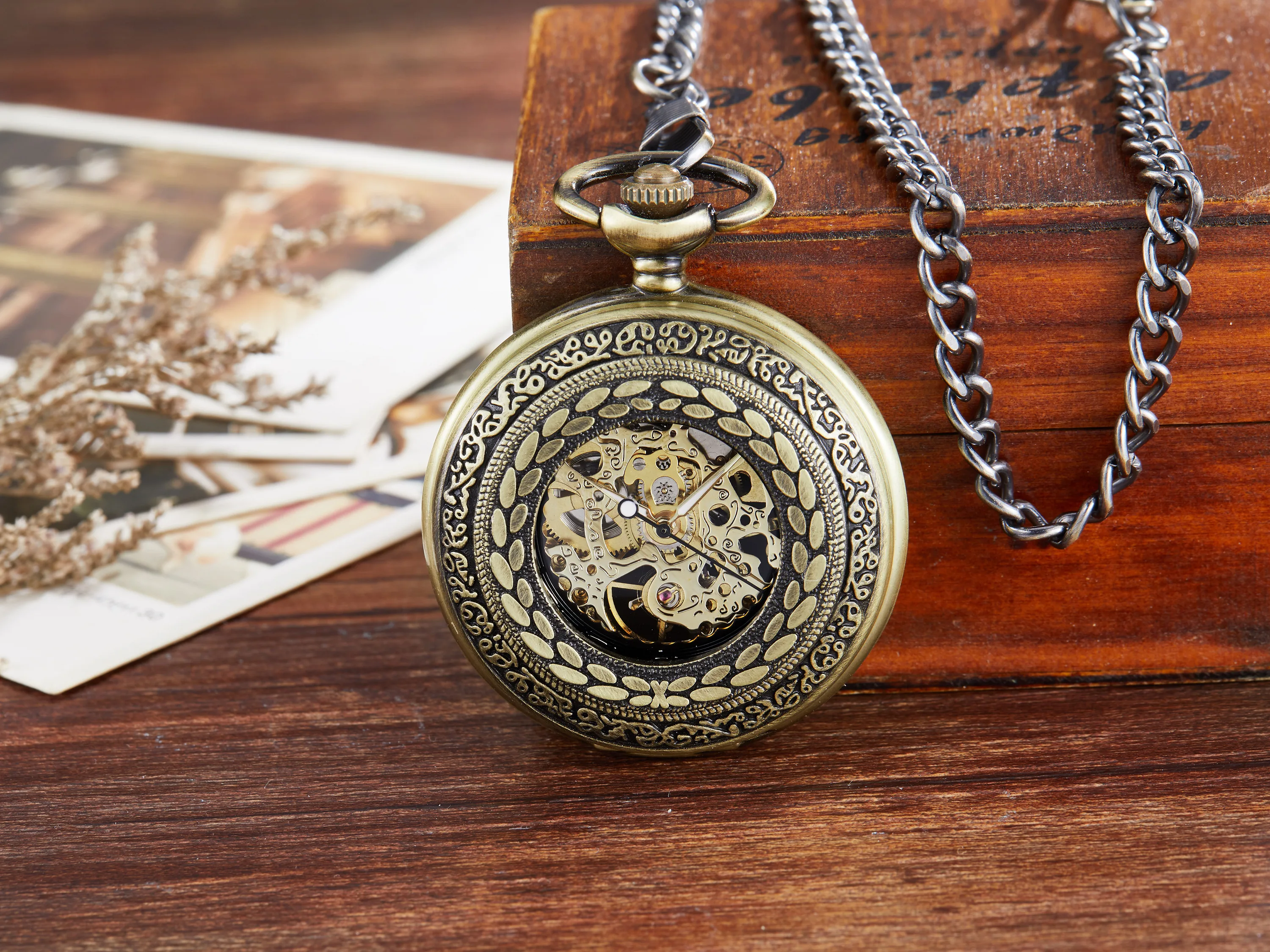 

Vintage Retro Antique Steampunk Pocket Watch Roman Numerals Automatic Mechanical Men Watches With FOB Chain Gift Reloj Hombre