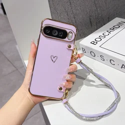 Enhanced Plating Hollow Love Phone Case with Lanyard and Wrist Strap - Shockproof Protection for Google Pixel 8 Pro (Light purple)