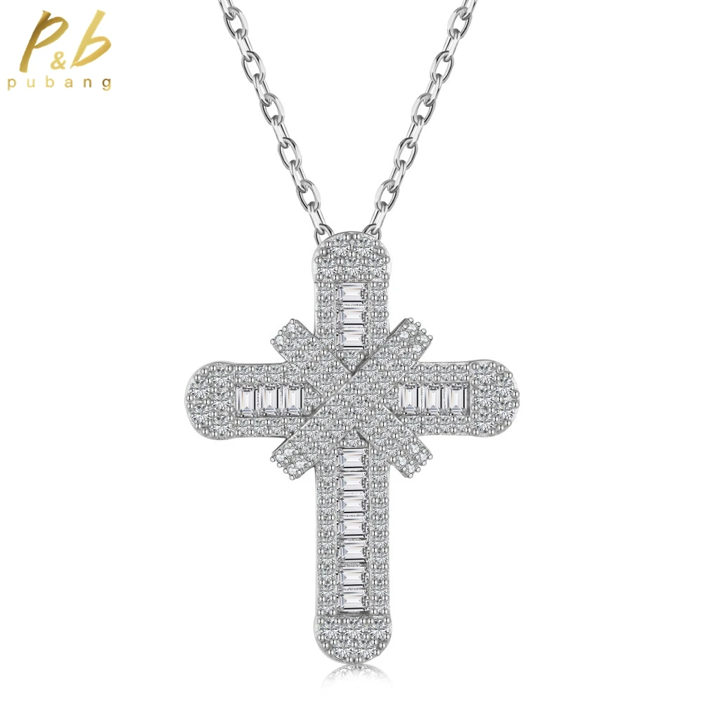 

PuBang Fine Jewelry 100% 925 Sterling Silver Full Gem Created Moissanite Cross Pendant Necklace for Women Wedding Gift Wholesale