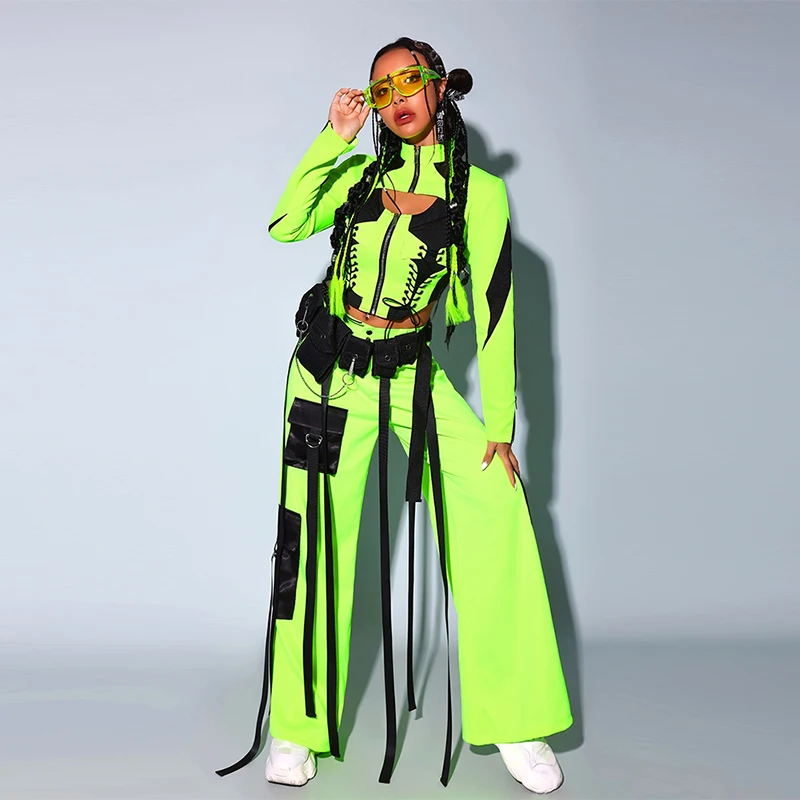 

Fluorescent Green Hip Hop Clothes Kpop Girls Group Jazz Dance Outfit Nightclu Bar Gogo Dance Clothing Party Rave Outfit DL11379