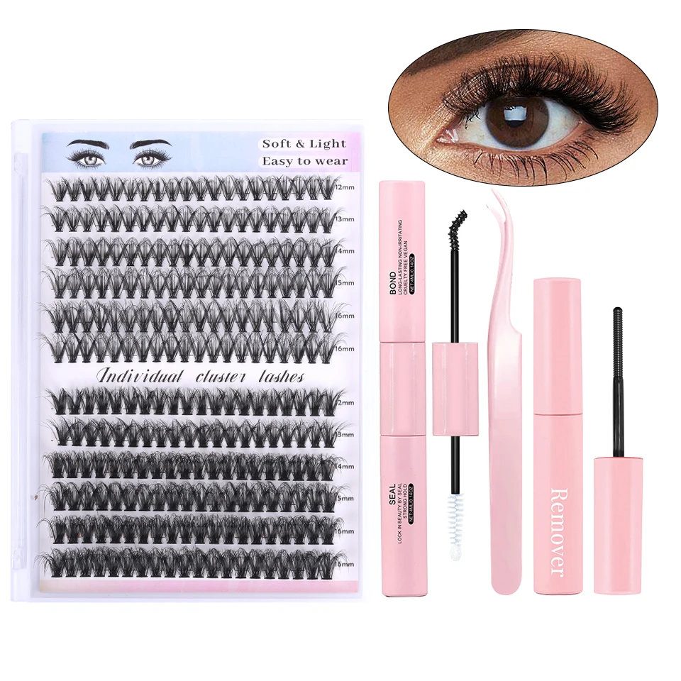 DIY Lash Extension Kit 240 PCS Individual Eyelash Extension Kit Cluster Lashes Kit Lash Glue Remover for Eyelash Extensions