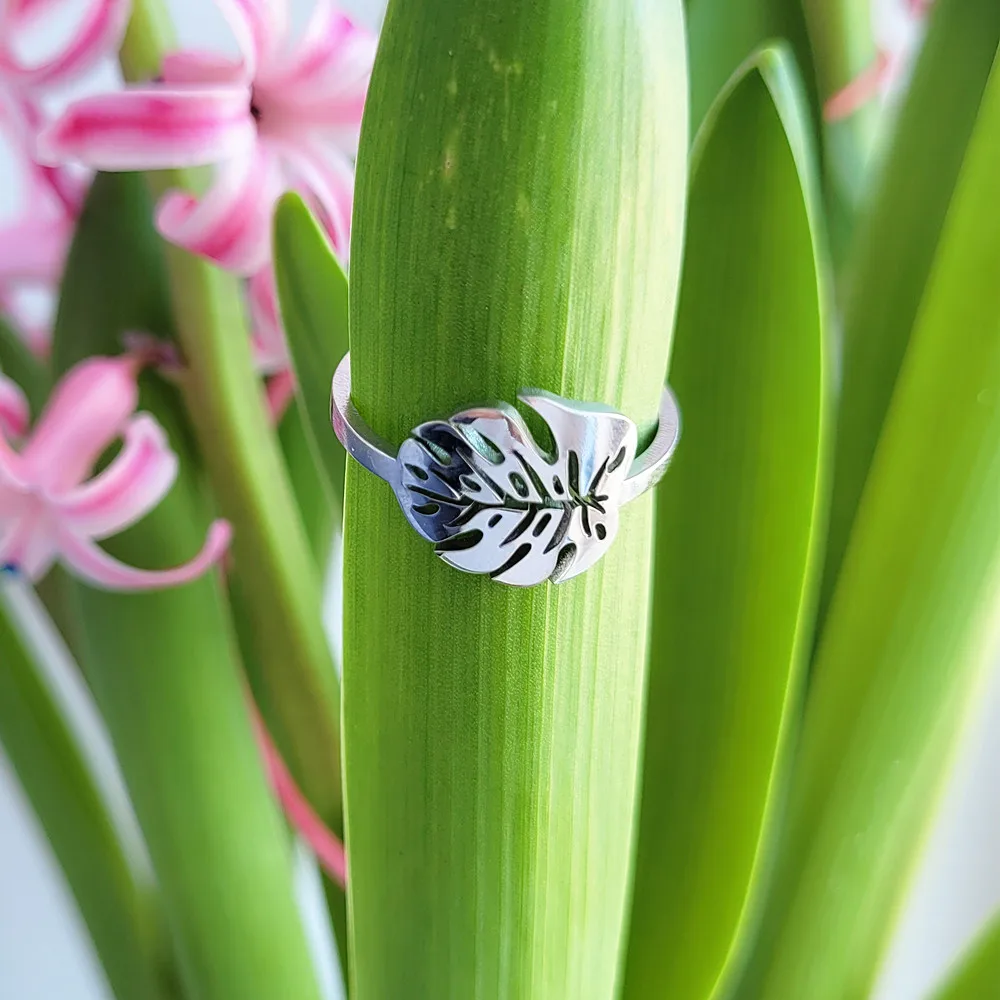 Hawaiian Monstera Leaf Ring Stainless Steel Adjustable Tropical