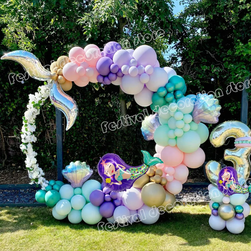 

134pcs Mermaid Tail Shell Balloon Garland Purple Green Latex Ballon Princess 0-9 Years Birthday Party Wedding Decor Baby Shower