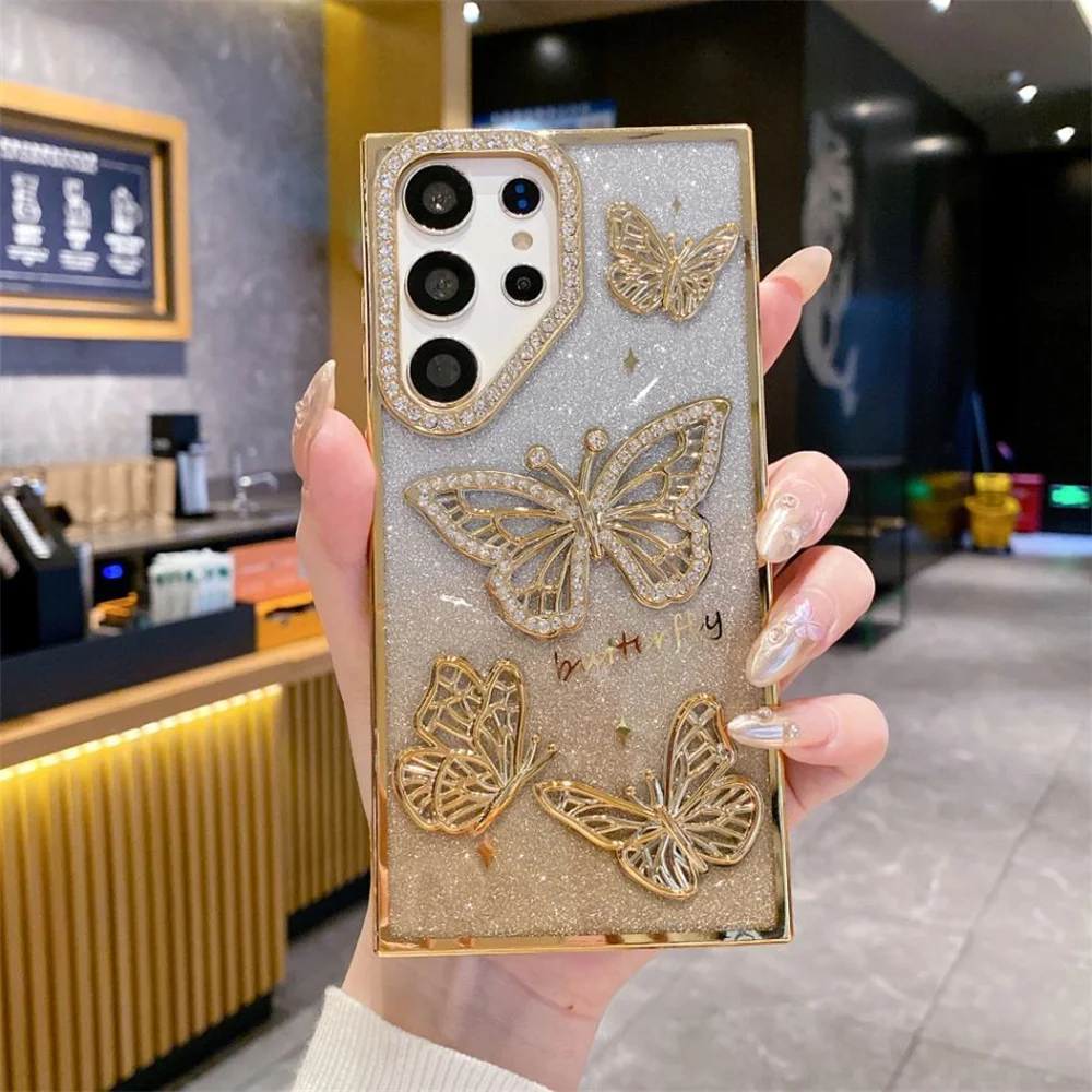 Cute Cartoon 3D Butterfly Diamond Glitter Gradient Phone Case with Plating Trim