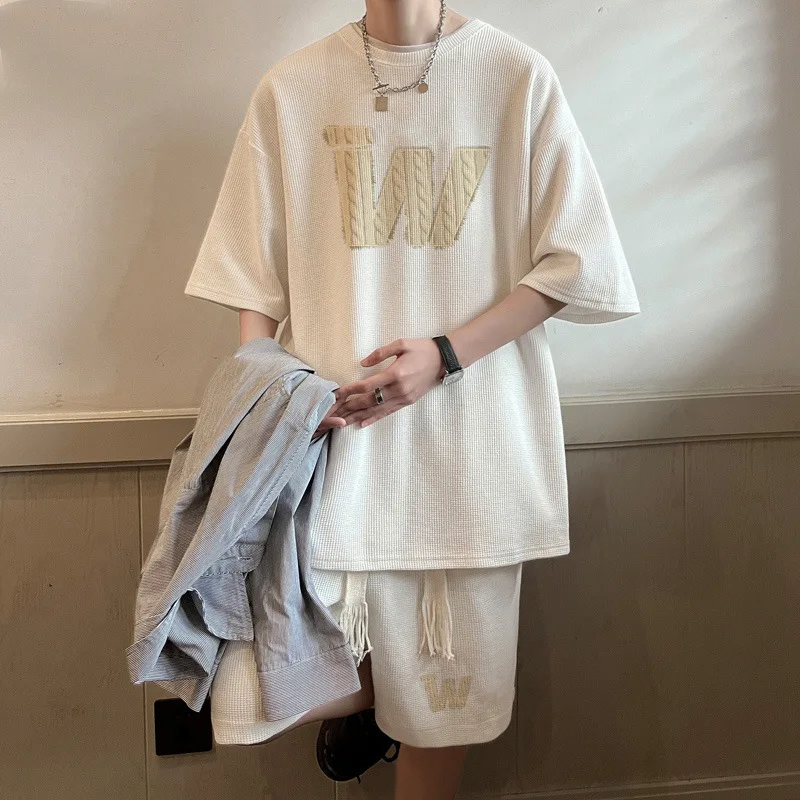 

Streetwear Waffle Suit Men's Summer Vintage Letter W Short Sleeve T-shirt Shorts Sets Casual Oversized Two Piece Tracksuit Men