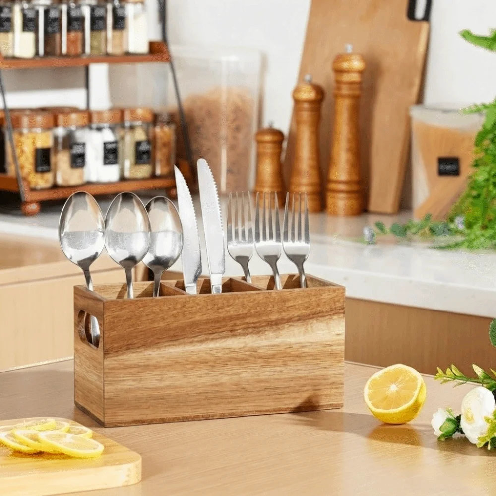 Organizzatore per Utensili da Cucina in Legno, Portaoggetti a 3 Scomparti, Resistente, Salvaspazio, Rustico, Scatola Porta Posate da Piano di Lavoro - immagine 4