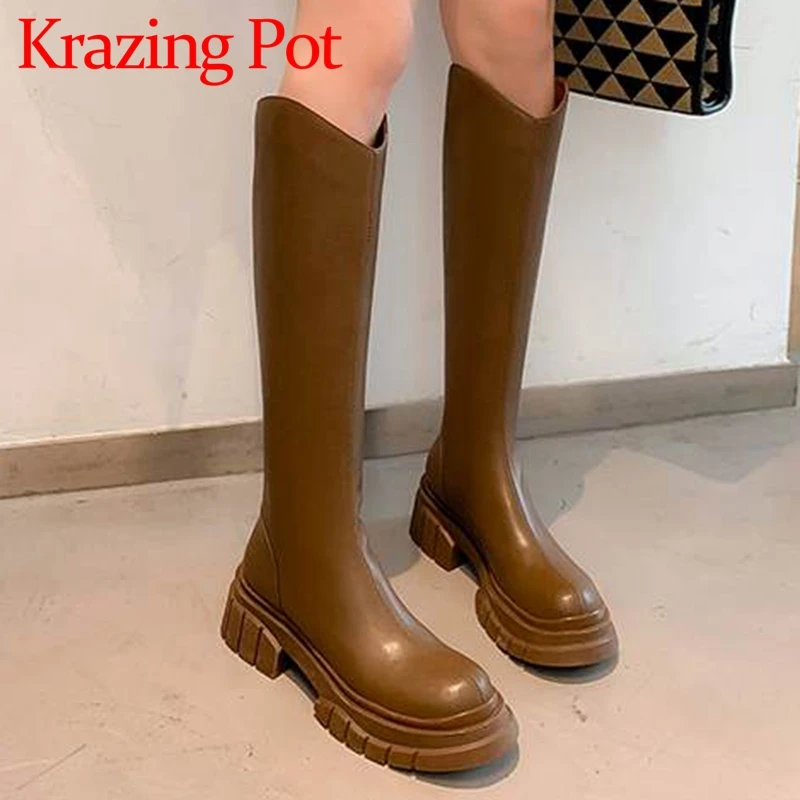 

Krazing Pot Full Grain Leather Round Toe Med Heels Equestrian Boots Thick Bottom Causal Preppy Style Zipper Ins Thigh High Boots