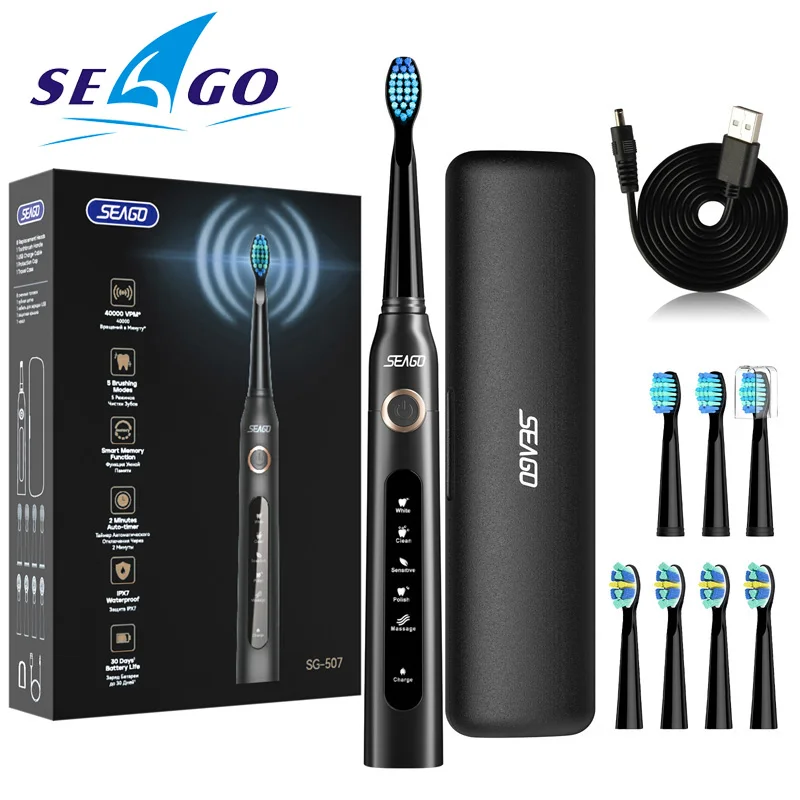 thumbnail image 1 of Cepillo de dientes eléctrico Seago 507, nueva versión, 5 modos de cepillado para adultos, temporizador, cepillo de dientes sónico con 2 tipos de cabezales de cepillo + caja de almacenamiento, 1 of 4