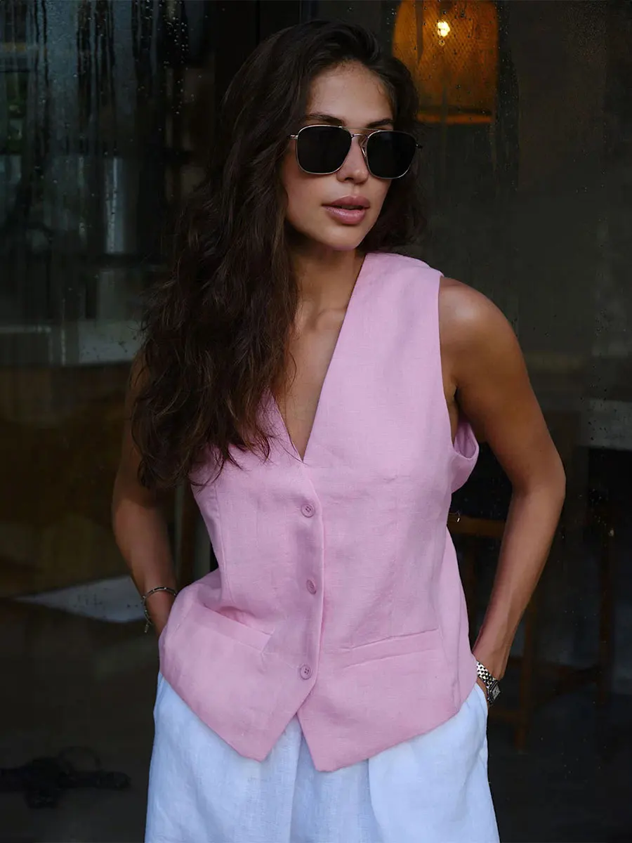 Chaleco informal ajustado para mujer, top de verano sin mangas de color liso, cárdigan de moda de un solo pecho, chaleco de mujer