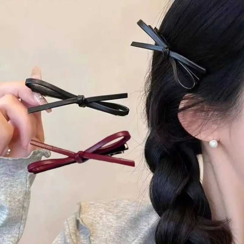 2 stücke Koreanischen Stil PU Leder Bogen Haar Clip Einfache Vielseitig Zarte Y2k Mädchen Bobby Pin Süße Charming Haar Zubehör – Detail 1
