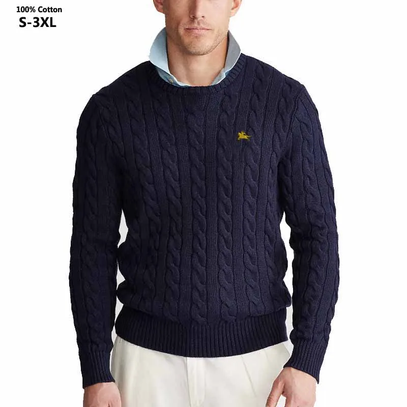 

100% Cotton Autumn Winter Thick Mens Sweaters Pullovers Knitted Coats Embroidery Casual Round-Neck Sweaters Homme Clothing Tops