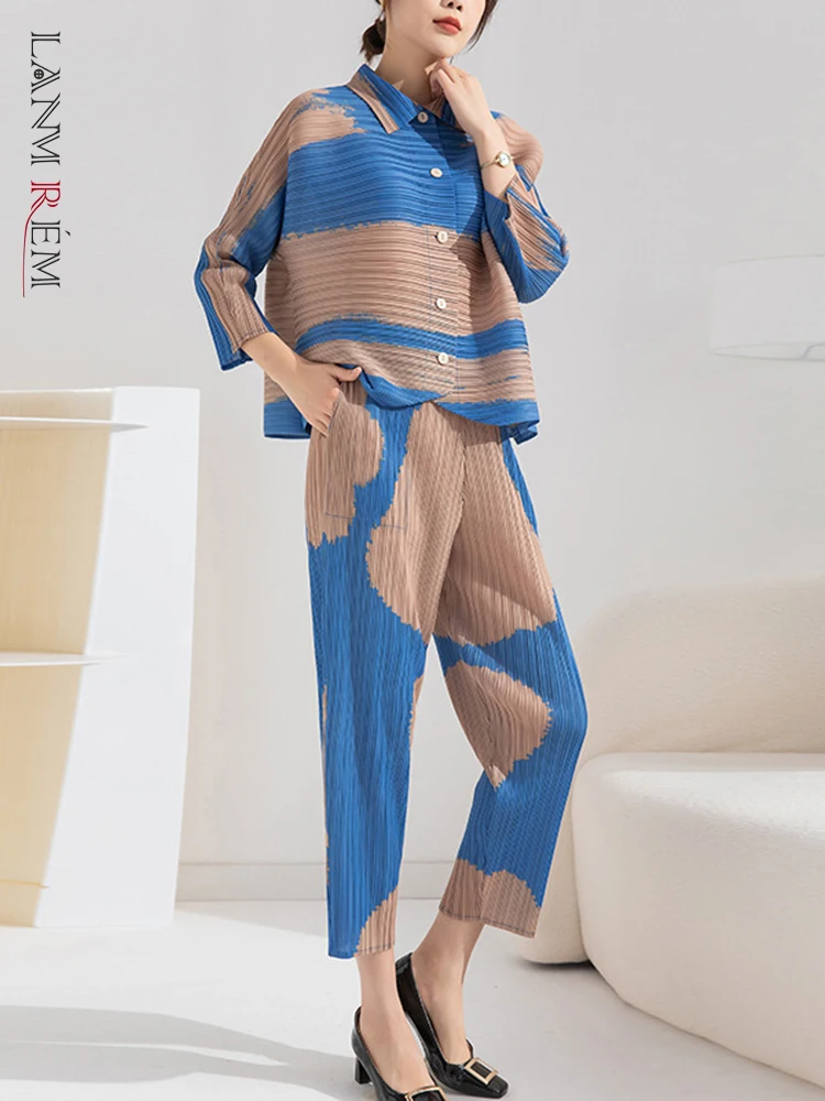 

LANMREM Print Color Block Pleated Set For Women Lapel Shirt Top High Waist Straight Pants 2 Pieces Set Spring New 2L2212