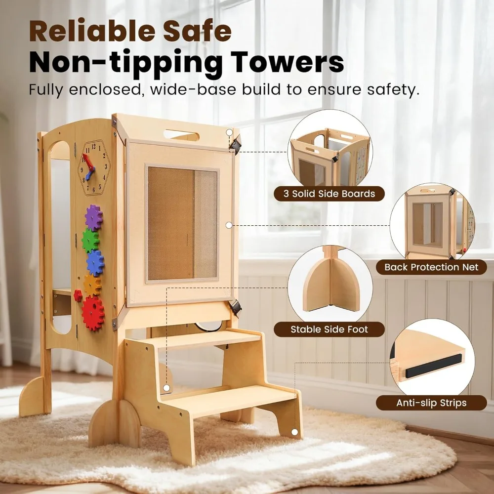 Foldable Toddler Kitchen Tower with Safety Net, Adjustable Height, Montessori Activities & 2-Step Stool
