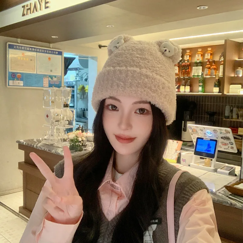 

Cute Bear Ears Pullover Hat Women Ski Winter Thickened Warm Cold Cap Plush Ear Protection Windproof Knitted Caps Free Shipping