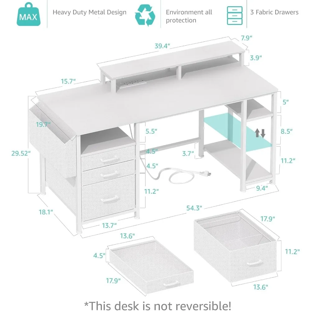 White Computer Desk with File Drawers Cabinet, Home Office Desk with Monitor Stand Shelves, Writing Study Gaming 3