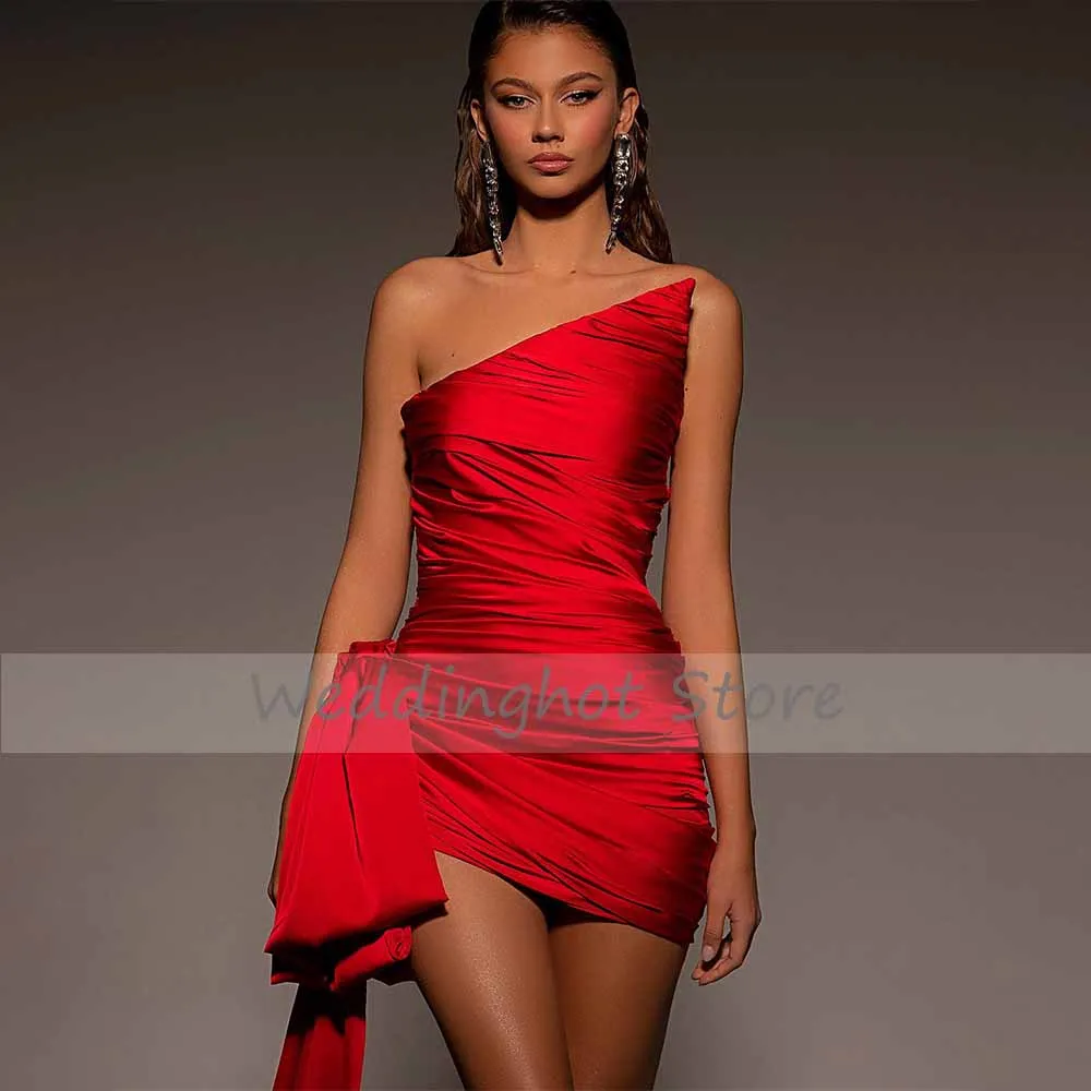 Cocktail Dress Sexy Cocktail Dresses Red Asymmetrical Big Bow Satin Women's Cocktail Gowns Pleated Backless Sheath/Column Party Dress Mini