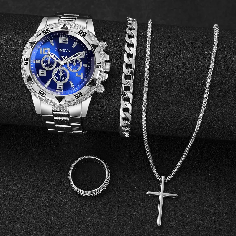 4PCS/Set Fashion Men Business Watches Luxury Big Dial Quartz Watch for Men Clock Jewelry Set Reloj Hombre（Without Box） - Image 5