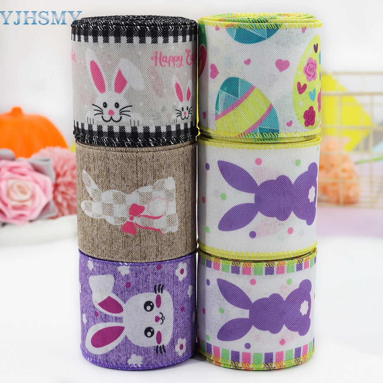 Easter Wired Edge Ribbon Easter Egg Bunny Rabbit Ribbon Pastel