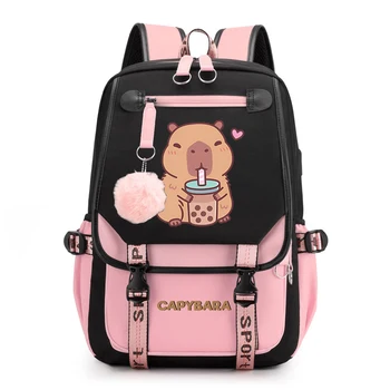 Zaino per ragazze con stampa capibara animale carino Zaino per studenti universitari Borsa da viaggio USB Regalo per bambini 1