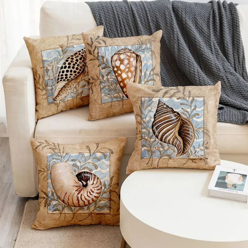 

Marine Animal Conch Sea Grass Pattern Printed Square Pillowslip Linen Blend Cushion Cover Pillowcase Living Room Home Decor