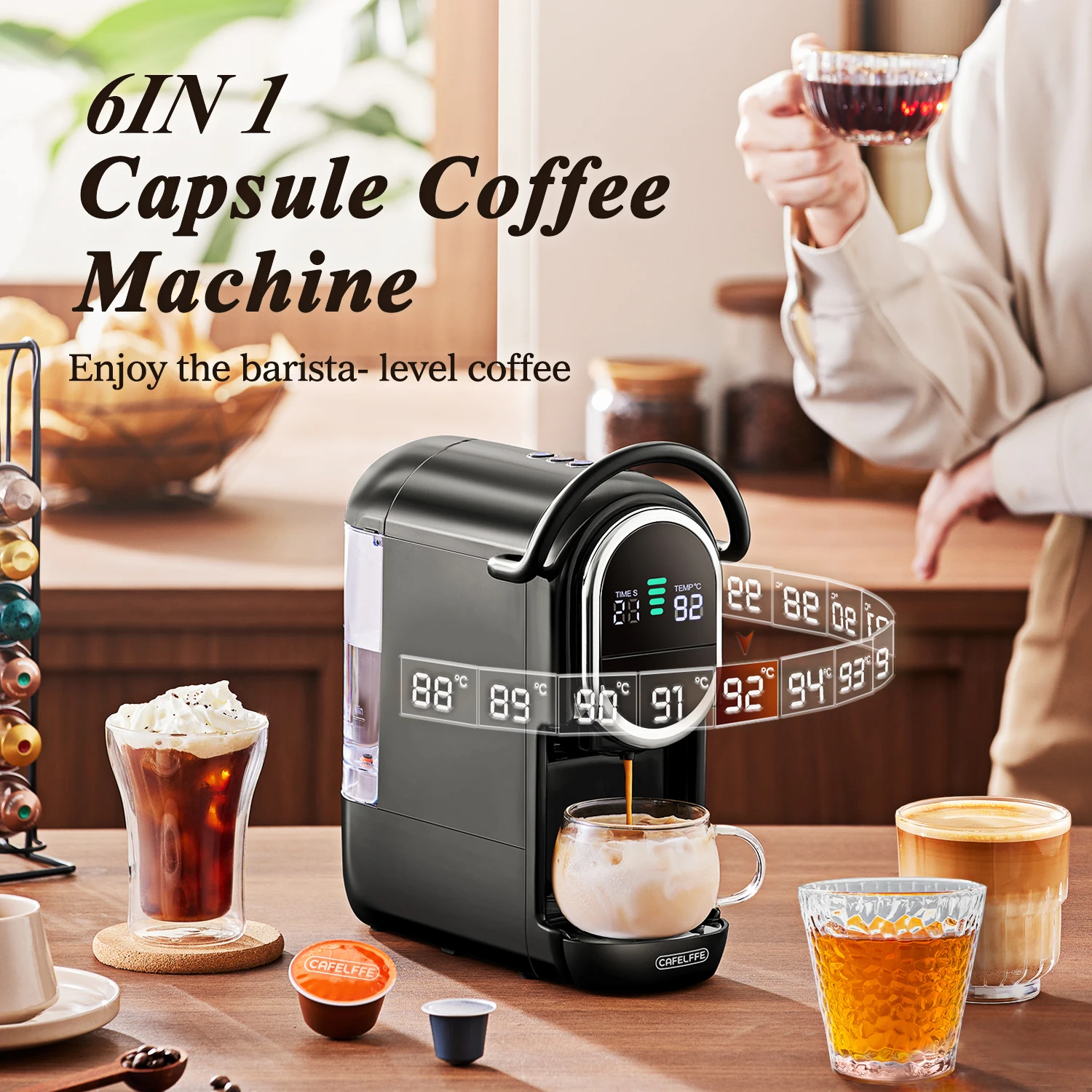 Cafelffe 6 in 1 Capsule Coffee Maker with Tea Leaves, Capsule, ESE 44mm Pods Coffee Powder Hot/Cold DG Cappuccino Nespresso 3
