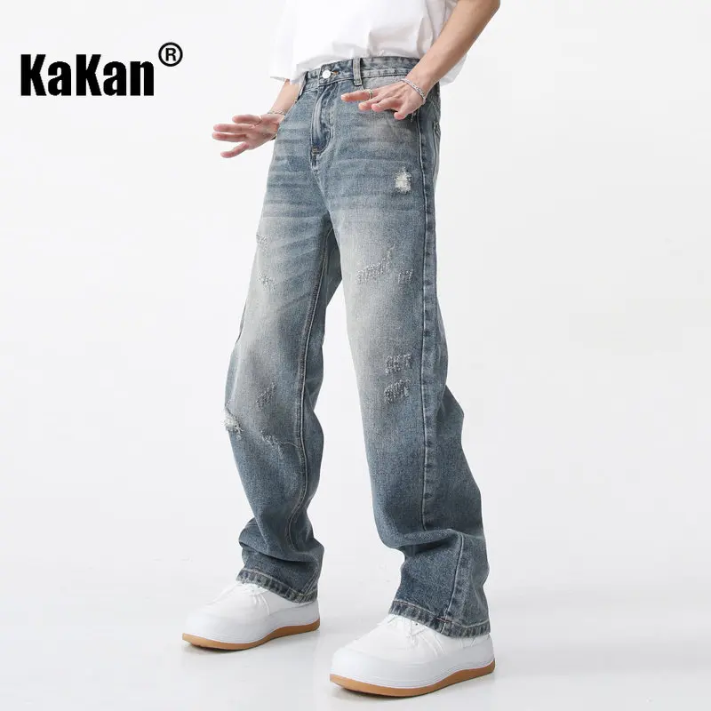 Kakan - New Straight Tube Casual Korean Version Jeans with Loose and Worn Out Design, Popular Youth Long Jeans K50-471