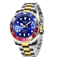 Elegant LIGE Men's Luminous Stainless Steel Quartz Luxury Watch - Waterproof Business Timepiece (Gold blue red)