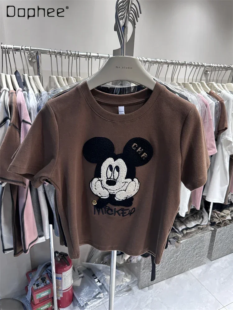 

Slim Fit Short Bottoming Shirt Cartoon Short Sleeve T-shirt Women 2023 Autumn Winter Thickening Brushed Cotton Top Female