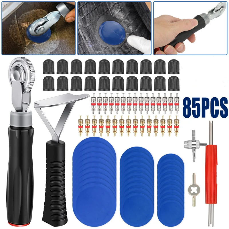 

70/85PC Car Truck Tire Repair Rubber Patch Tools Kit & Valve Core/Caps /Tire Roller/Liner Scraper/Valve Core Wrench Removal Tool