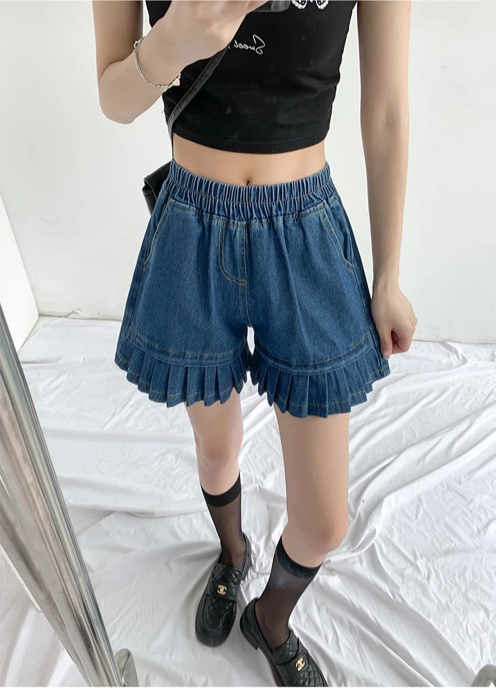2026 frauen Breite Bein Fünf Viertel Hosen Lose Rüschen Gespleißt Jeans Shorts Sommer Neue Stil Casual Vielseitige Kurze Hosen – Detail 9