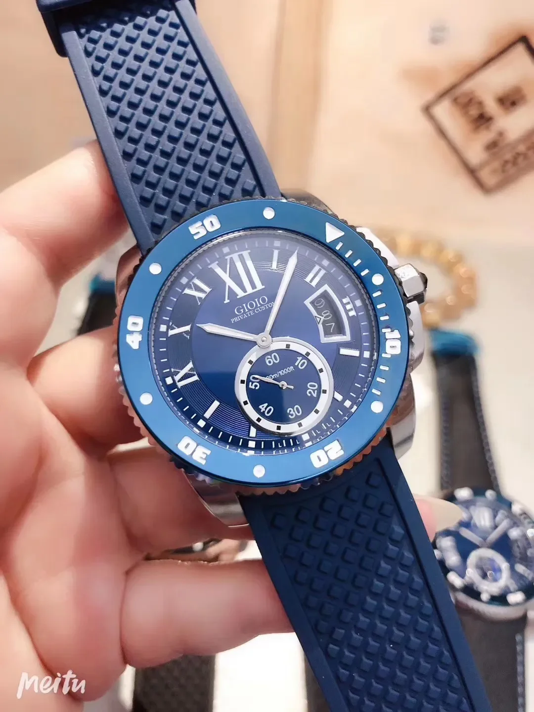

men quartz chronograph watch black blue rubber