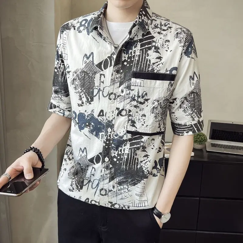 Business Casual Men's 2024 Summer Patchwork Square Collar Button Printing Letter Slim Comfortable Versatile Short Sleeved Shirts