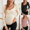 Long-sleeved Ribbed Large V-neck Nursing Top Exclusively for Maternity Cross-wrap 2