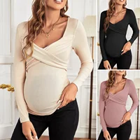 Long-sleeved Ribbed Large V-neck Nursing Top Exclusively for Maternity Cross-wrap 2