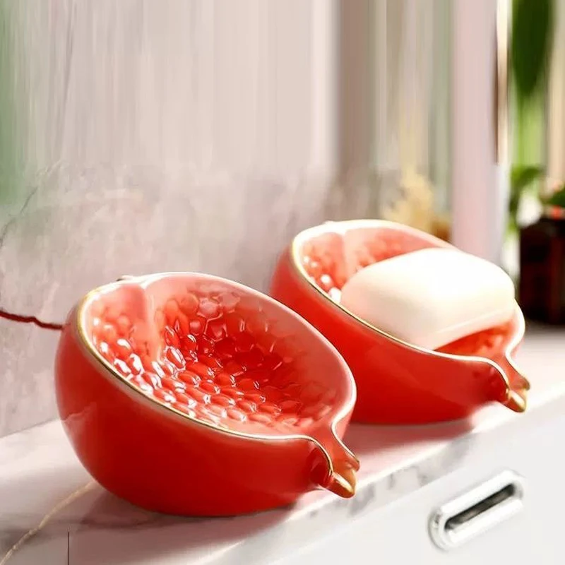 Ceramic Soap Dish, Home Bathroom Supplies, Creative Light Luxury Cute Pomegranate shape Soap Box No Punching Draining Water, 1Pc
