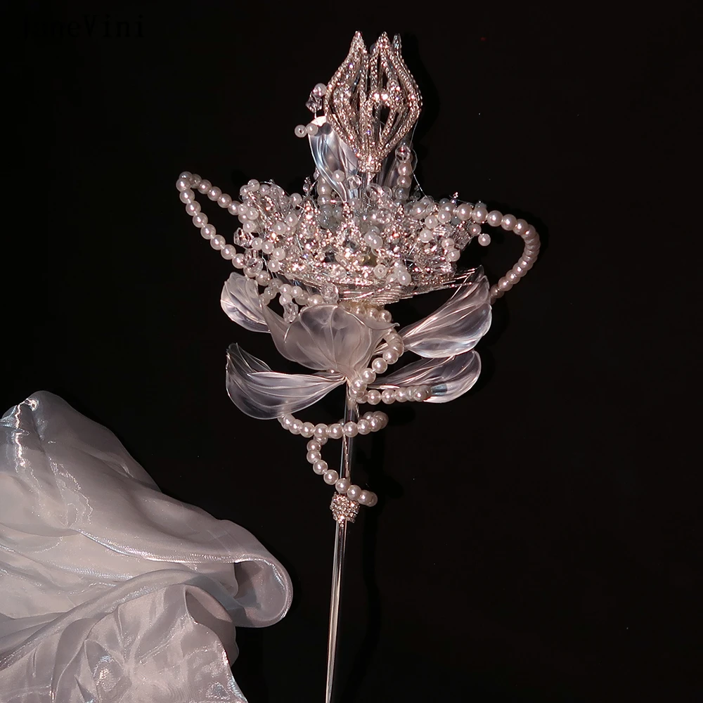 JaneVini High-end Silver Bridal Bouquets Pearls Handmade 3D Flowers Bouquet Scepter Bride Wedding Party Costume Handheld Props