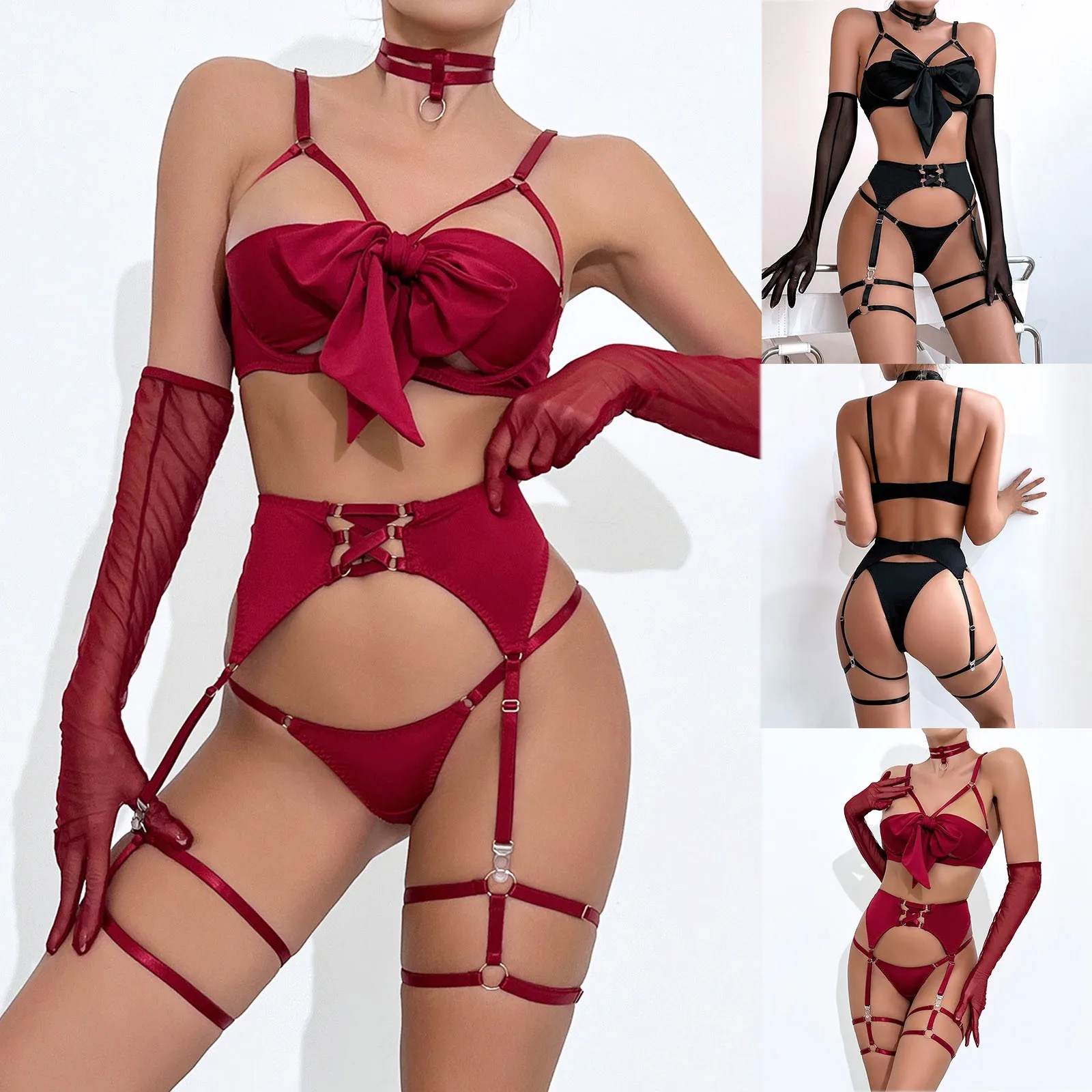 

4PCS Womens Sexy Christmas Lingerie Women Lingerie Sexy Hollow Out Lingerie Ladies Corsets Lingerie for Women with Garter Belt