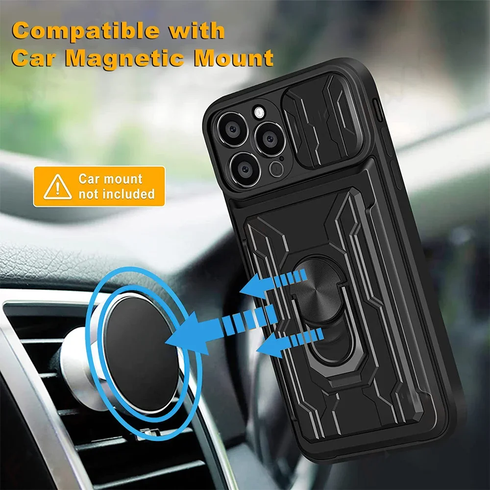 Phone Case For iPhone 17 16 15 14 13 12 11 Pro Max Plus SE Slide Camera Card Slot Military Grade Ring 360 Magnetic Back Cover