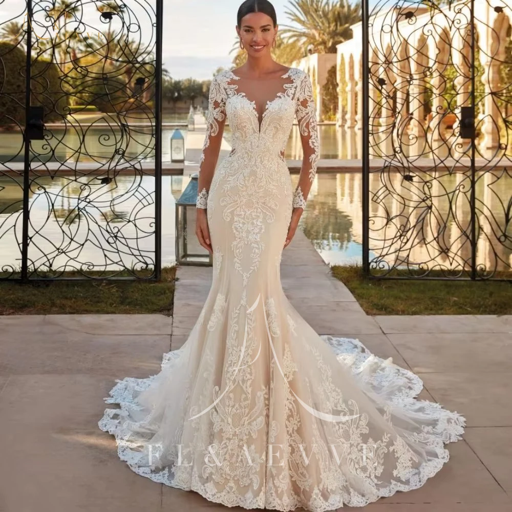 Boho Sheer Mermaid Wedding Dress Classic Lace Appliques Long Sleeves Elegant Bridal Gown Wedding Party wedding dresses