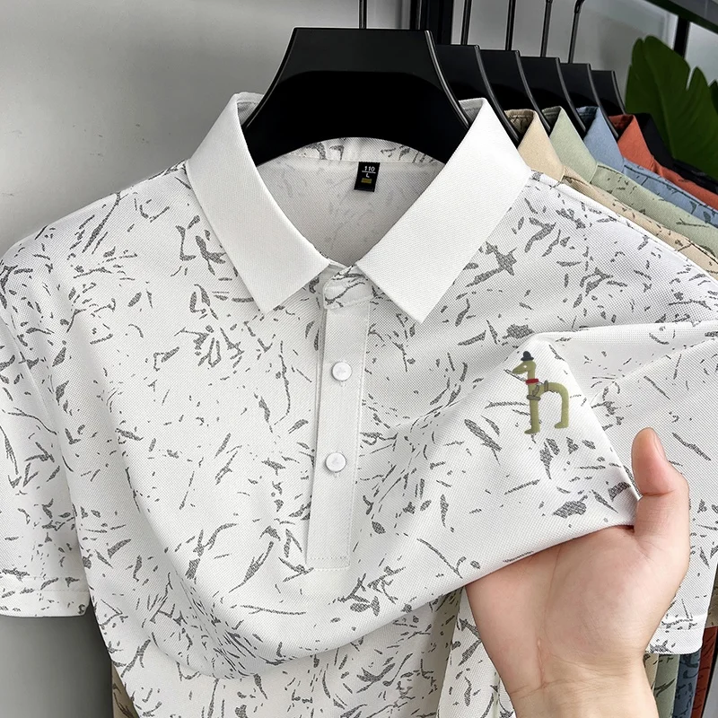 Nuova polo casual da uomo con stampa originale, t-shirt traspirante e confortevole a maniche corte con risvolto, abbigliamento da uomo versatile di alta qualità