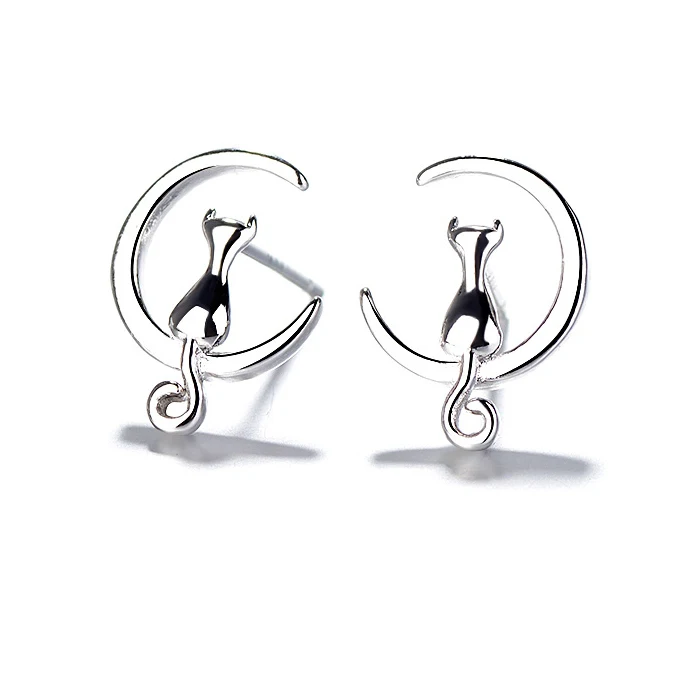 

MEETSOFT 925 Silver Sweet Cute Temperamental Moon and Cat Stud Earrings for Women Fine Jewelry Minimalist Accessories