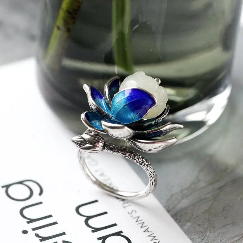Silver Ring Natural Hetian jade Enamel Porcelain Lotus Canopy Open Ring Chinese Retro Design Jewelry