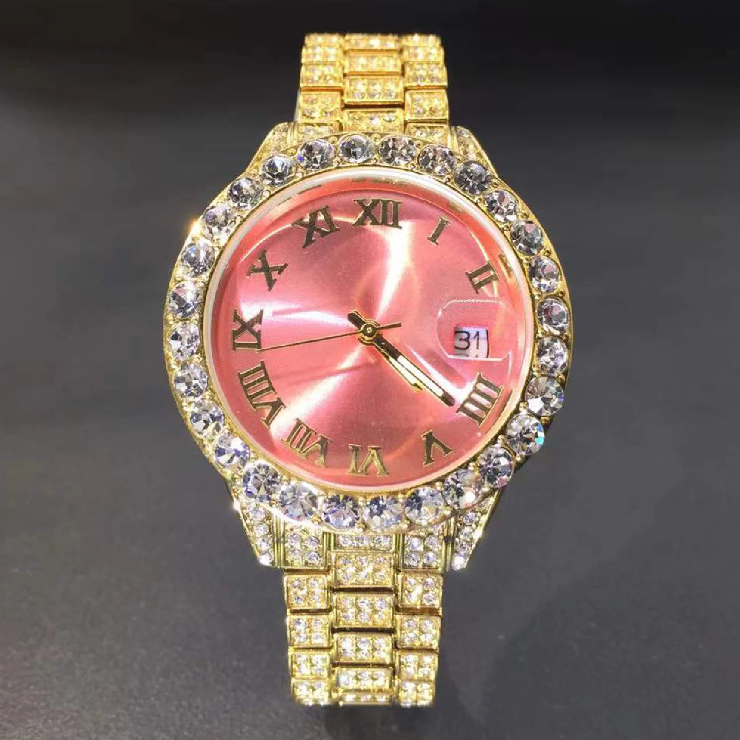 

New Big Moissanite Woman Watches Pink Mother-of-pearl Dial Gold Watch Women Luxury Quartz Round Iced Out Small Wristwatch Lady