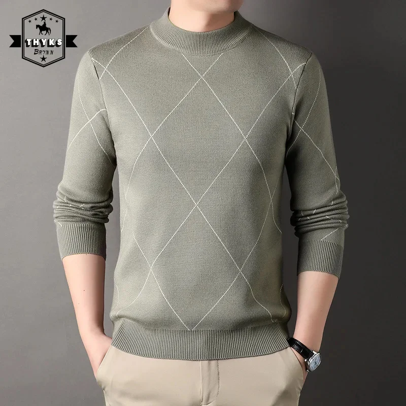 

Men's O-Neck Striped British Knitted Sweater Fashion Warm Slim Long Sleeved Bottomed Shirts Male Solid Casual Business Pullover